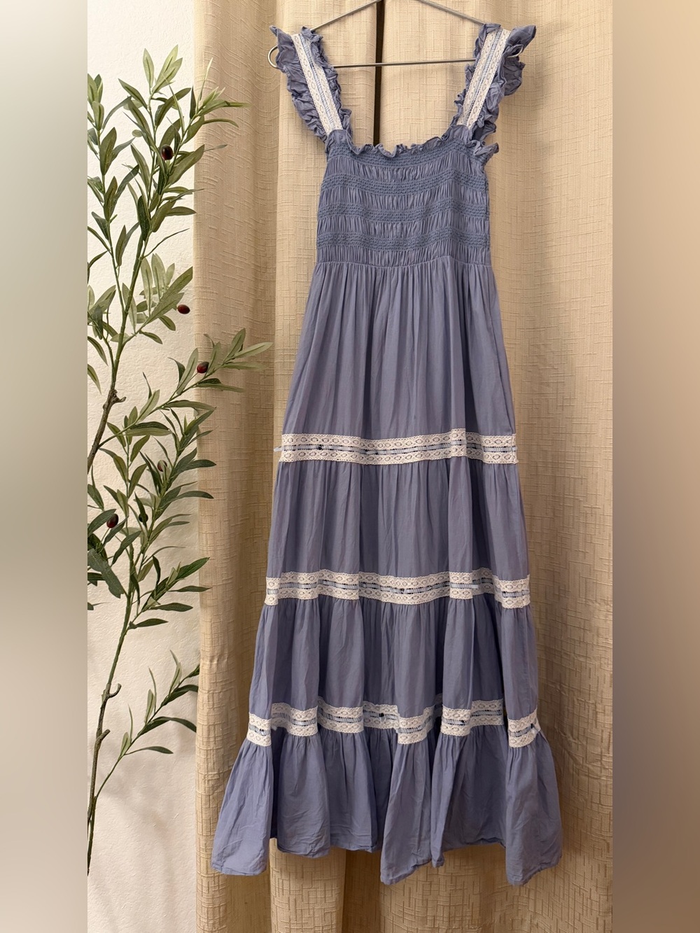 Neuflora Smocked Tiered Maxi Dress in Dusty Blue with Lace Trim